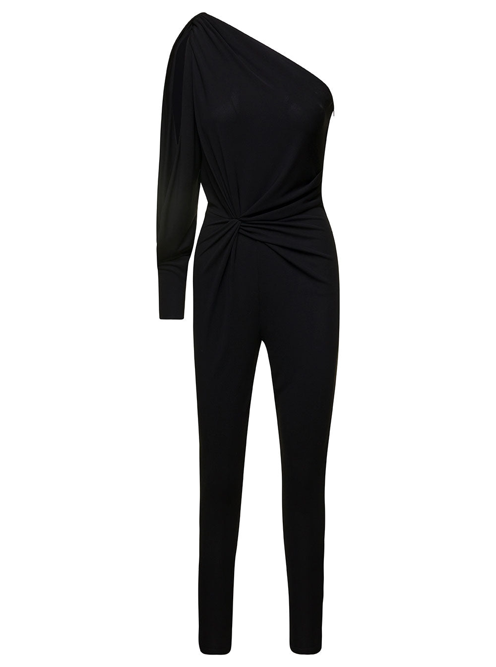 Saint Laurent Women Black One-Shoulder Jumpsuit With Side Gathering In Jersey Woman