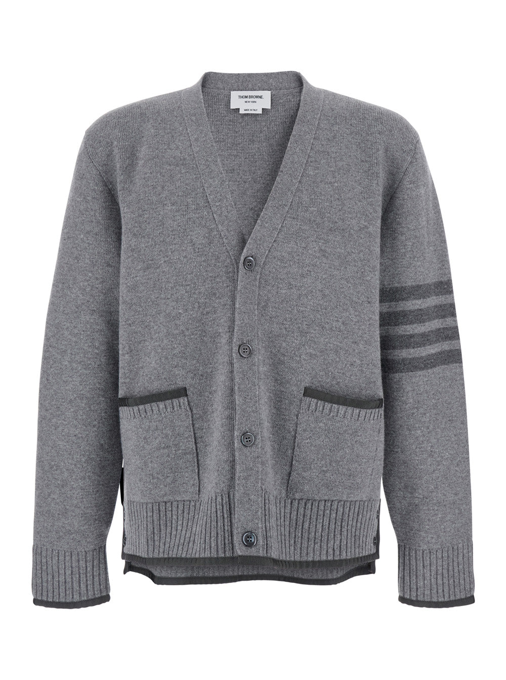 Thom Browne Men Grey Cardigan With V Neck And Striped Detail On The Sleeve In Wool Man