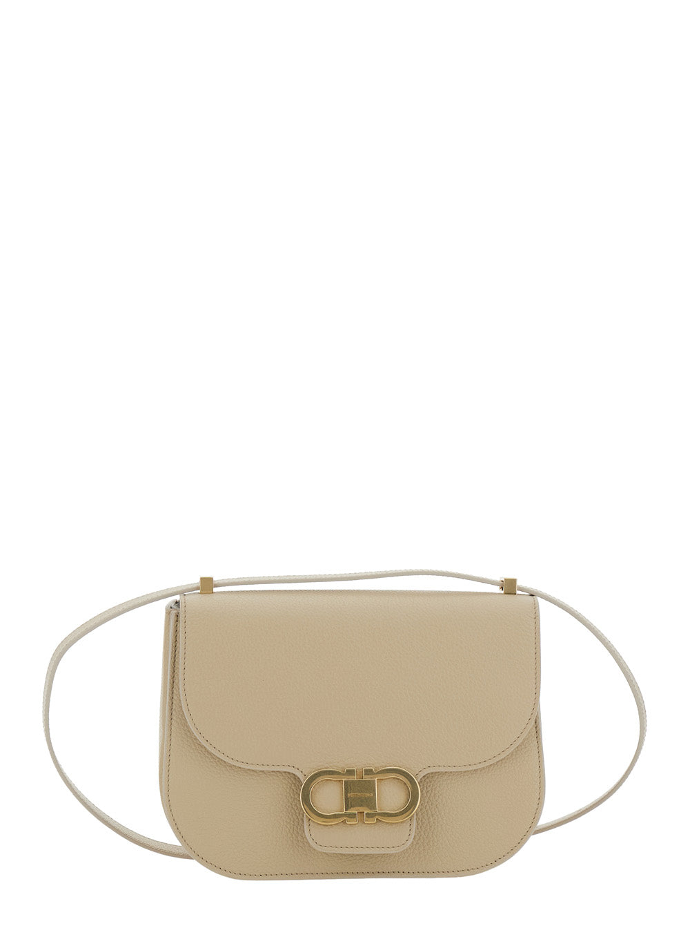 Ferragamo Women Beige Crossbody Bag With Gancini Metallic Detail On Front In Grained Leather For Women