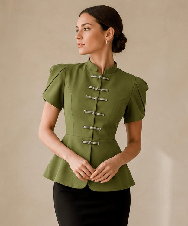 Peplum Blouse with Stand Collar & Puff Sleeves