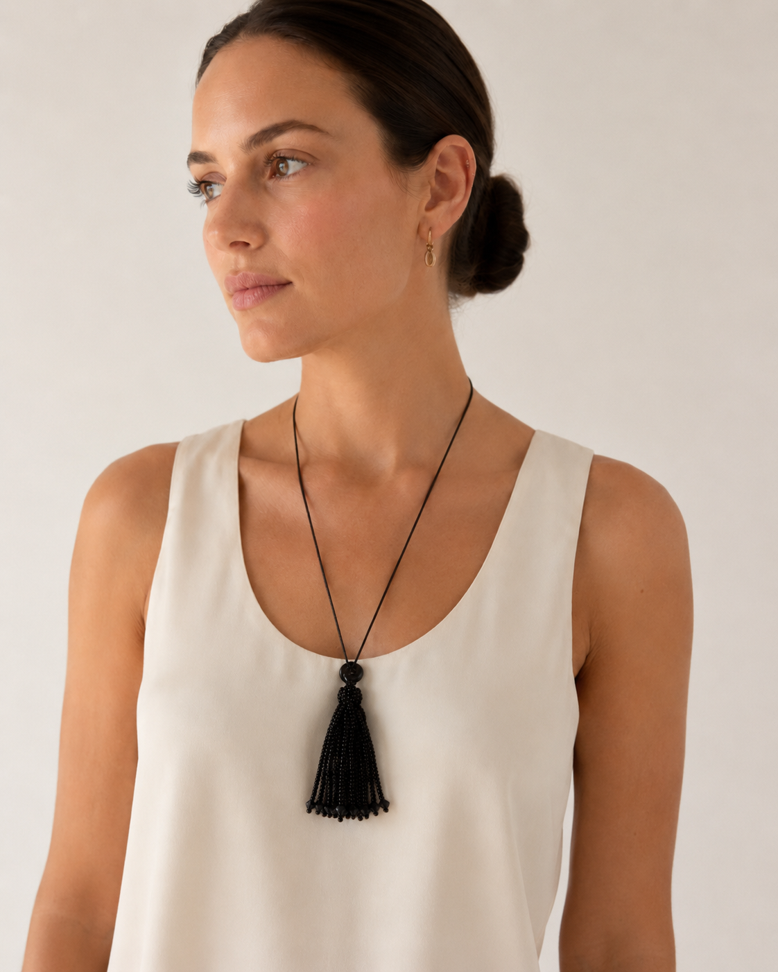 Onyx Glass Beaded Tassel Necklace