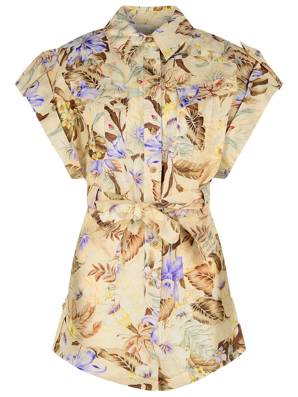 Zimmermann 'Coco' One-Piece Jumpsuit In Beige Linen With Multi Floral Women