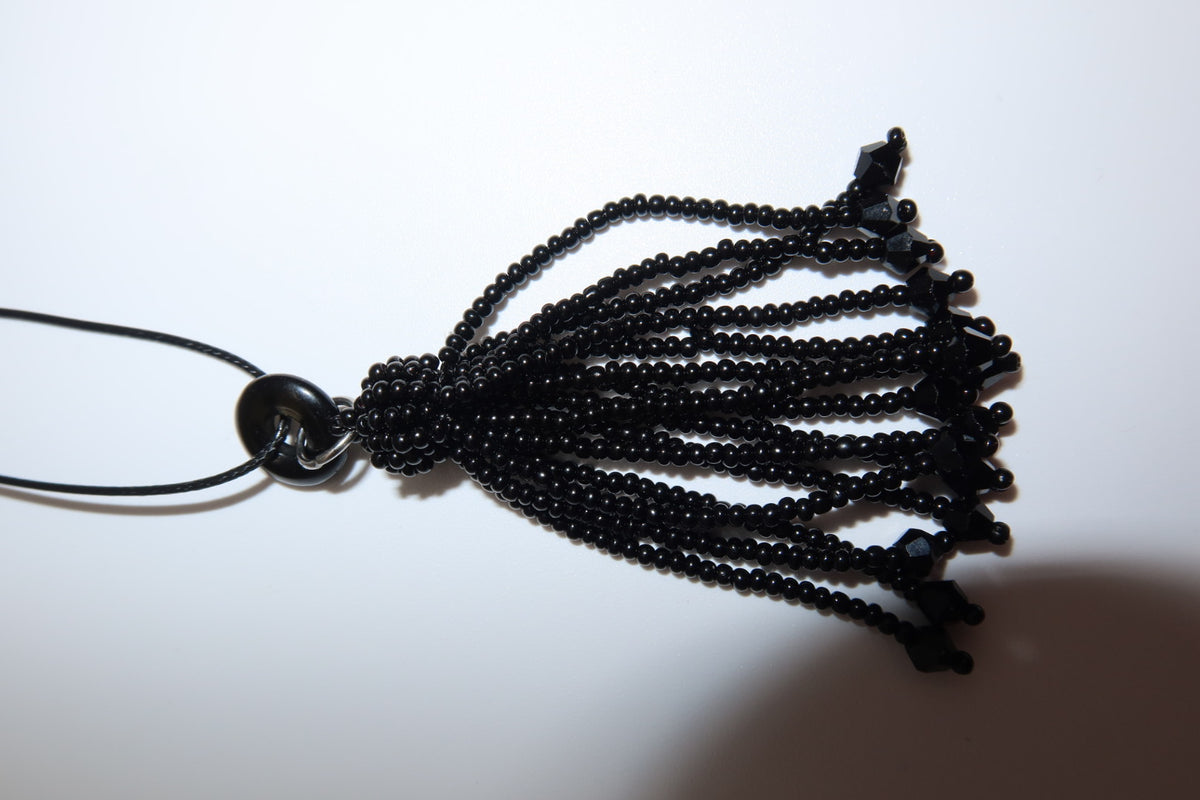 Onyx Glass Beaded Tassel Necklace