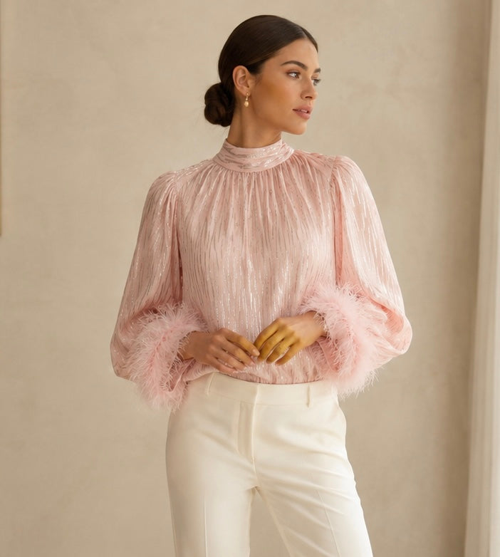 Pleated Blouse with Feather Trim