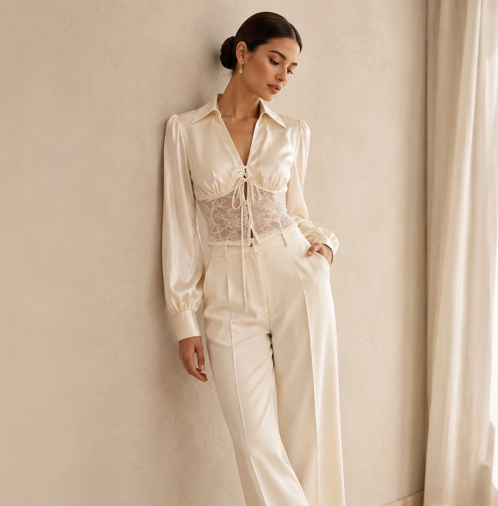 Satin Lapel V-Neck Lapel Top