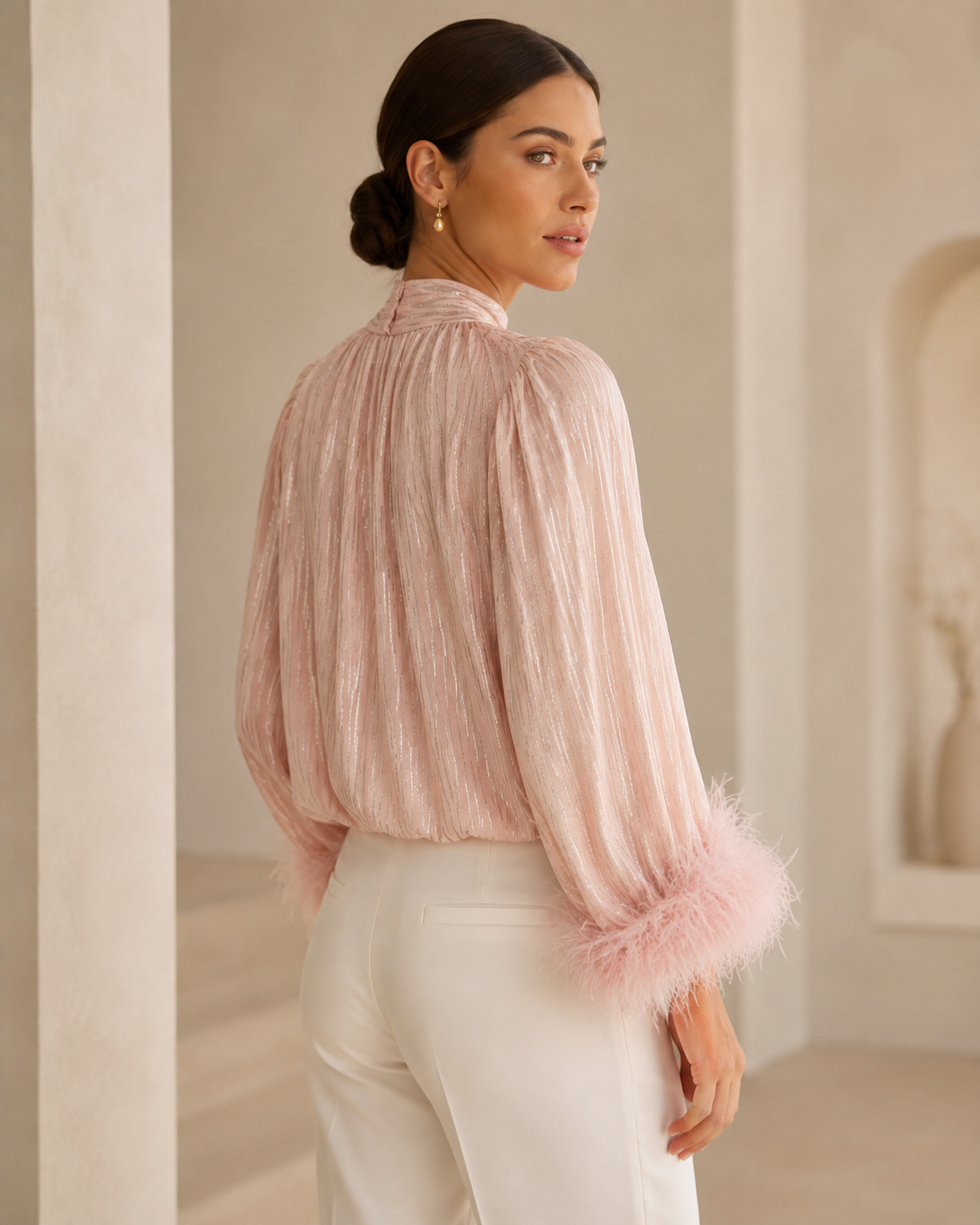 Pleated Blouse with Feather Trim