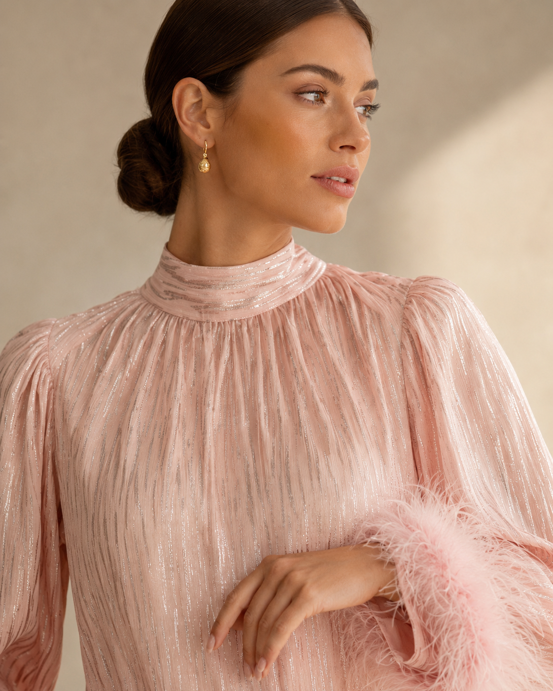 Pleated Blouse with Feather Trim