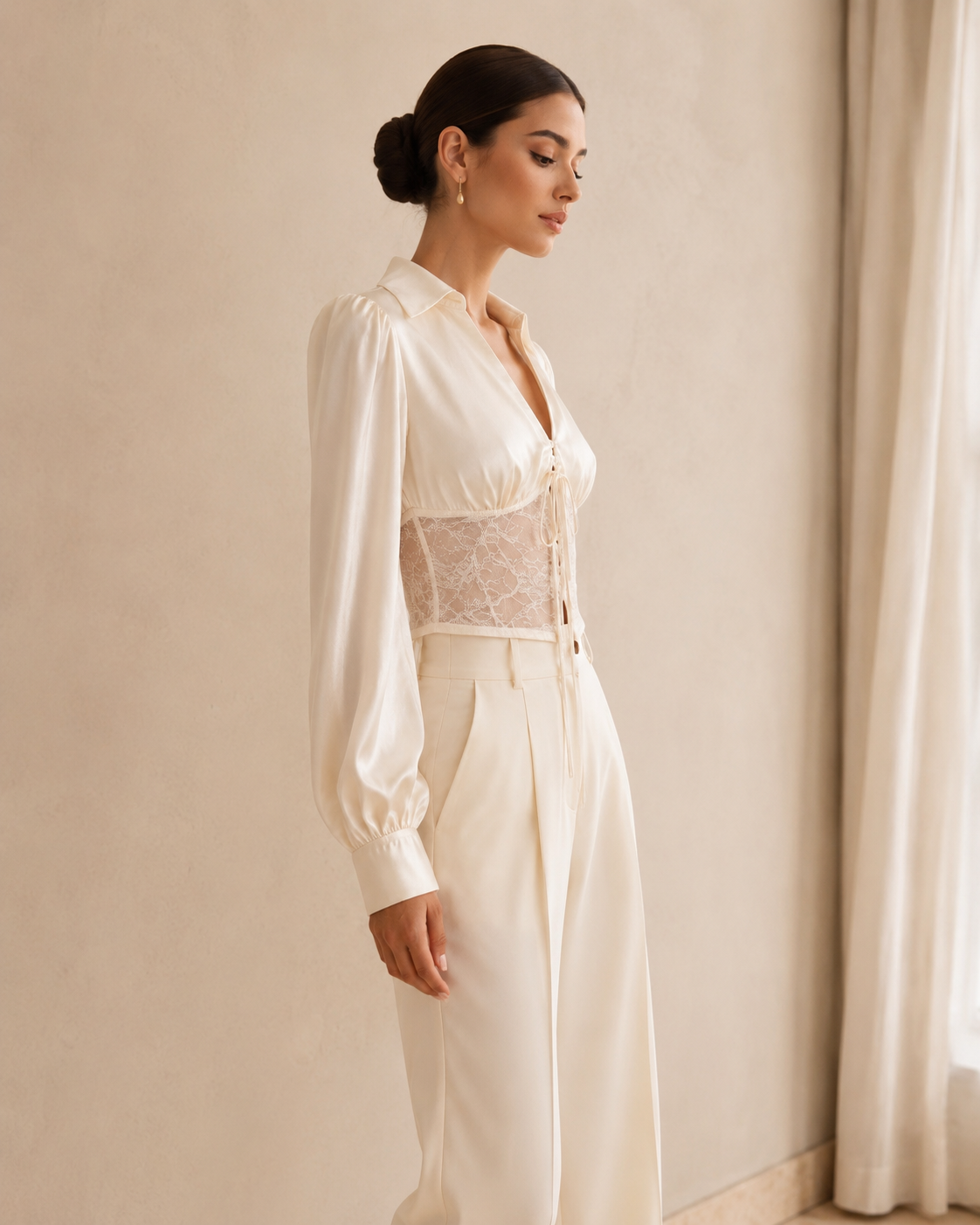 Satin Lapel V-Neck Lapel Top