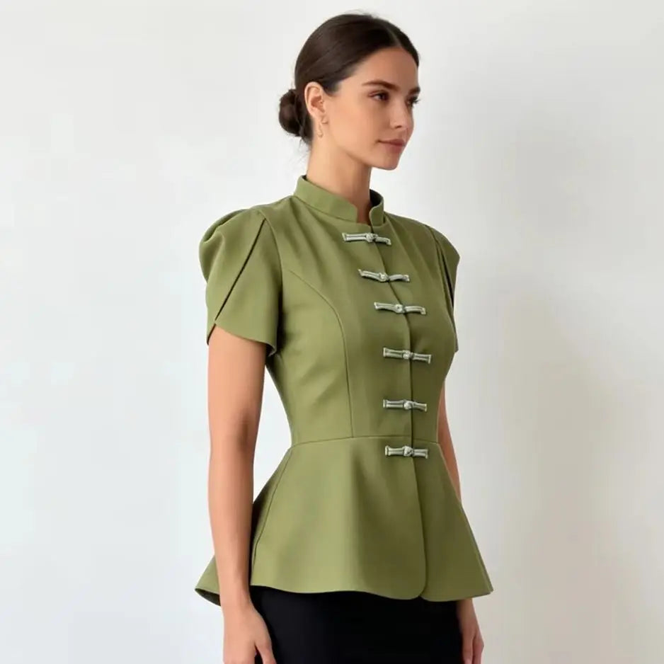 Peplum Blouse with Stand Collar & Puff Sleeves