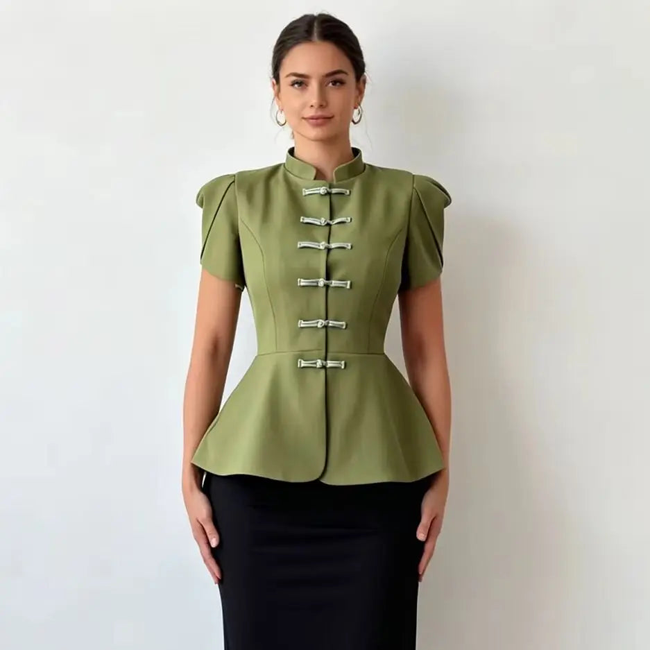 Peplum Blouse with Stand Collar & Puff Sleeves