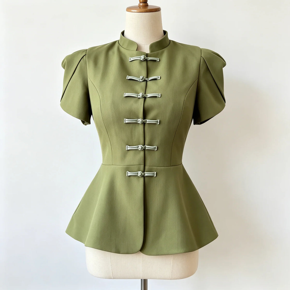 Peplum Blouse with Stand Collar & Puff Sleeves