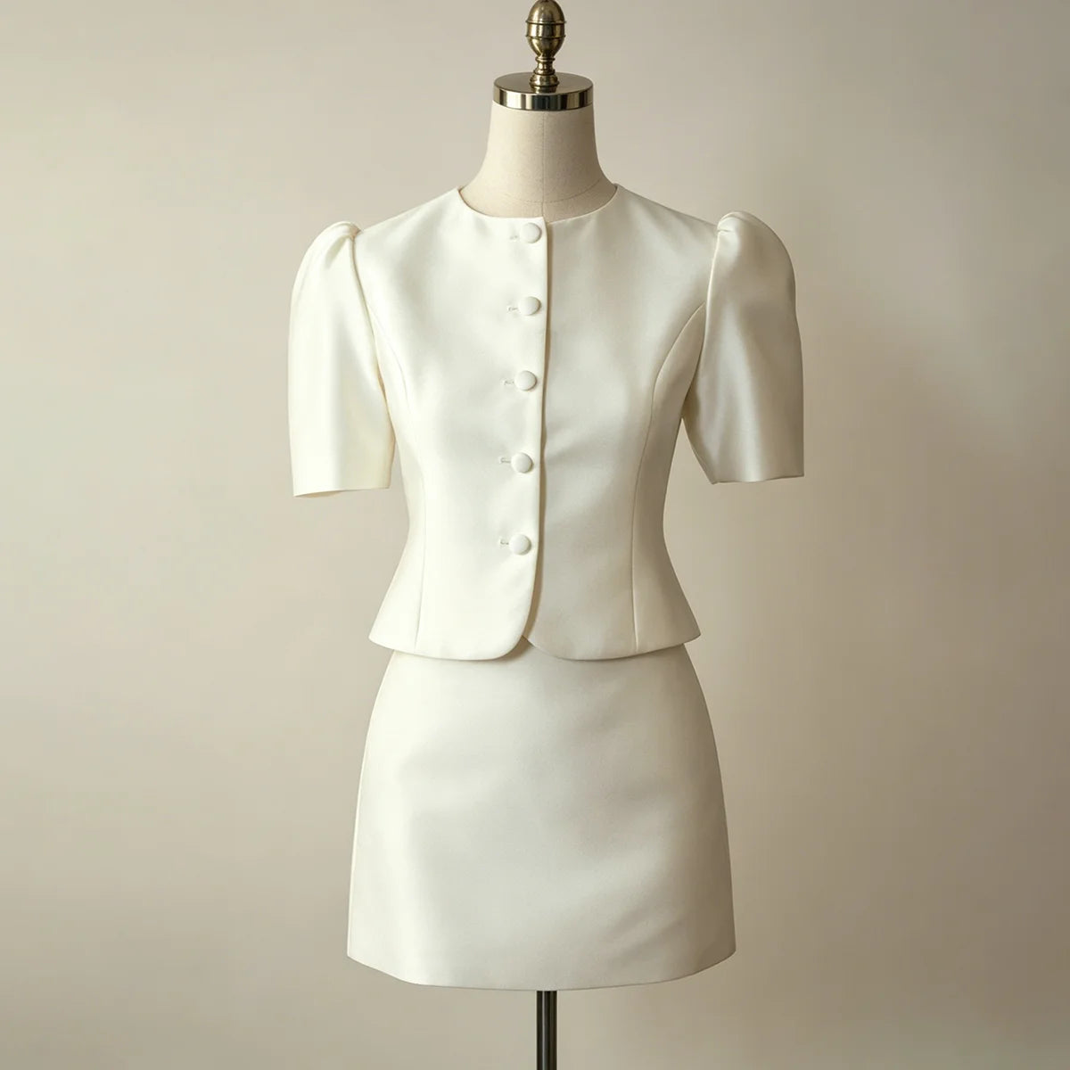 Puff Sleeve Button Crop Blazer & Mini Skirt Matching Set