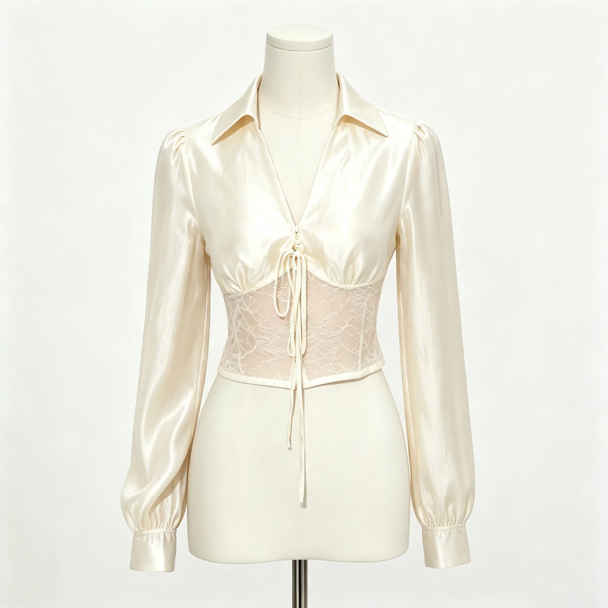 Cream satin long-sleeve blouse with a lace corset-style waist panel and front tie, displayed on a mannequin against a plain light background.