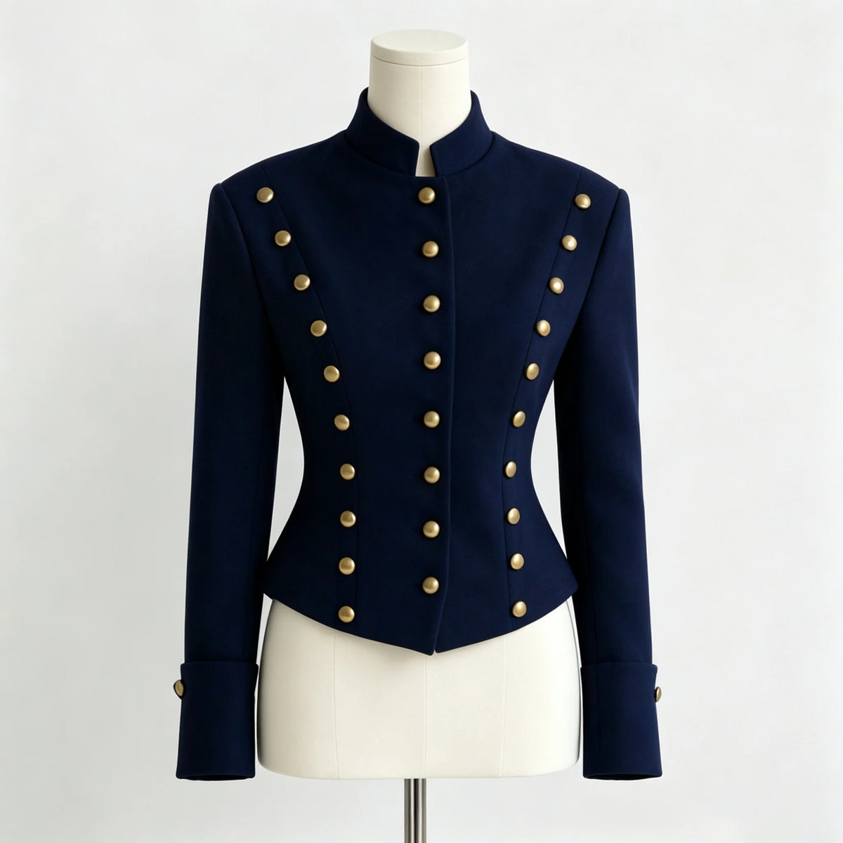A navy blue military-style jacket with gold buttons, displayed on a white mannequin torso against a light gray background.