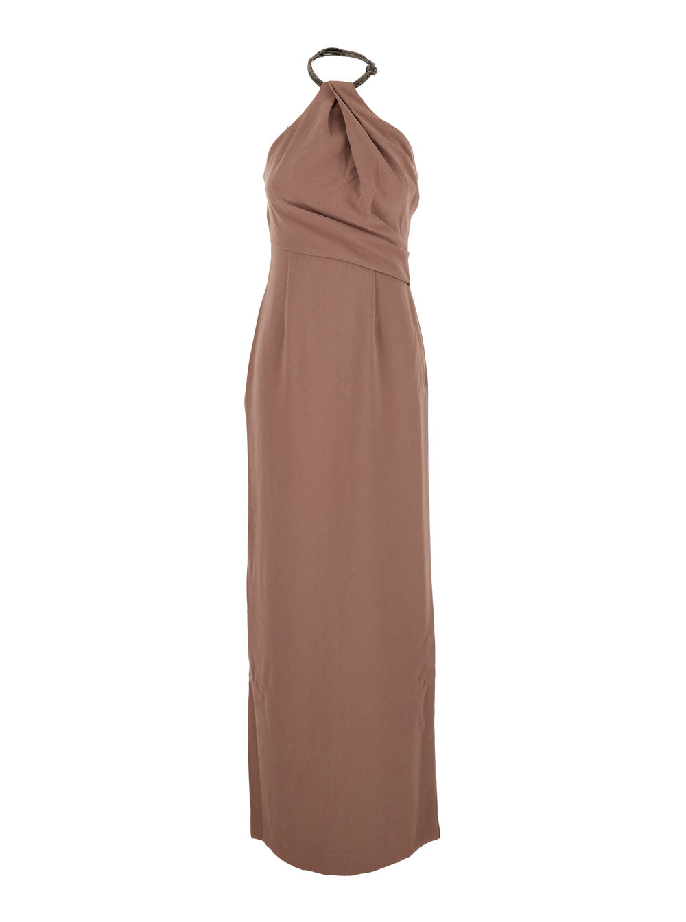 Solace London Women 'Riva' Brown Long Dress With Rhinestone-Embellished Neckline And Drape Details In Twill Woman