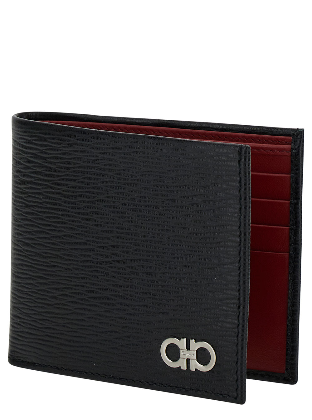 Ferragamo Men Black 'Revival' Gancini Wallet In Hammered Leather For Men