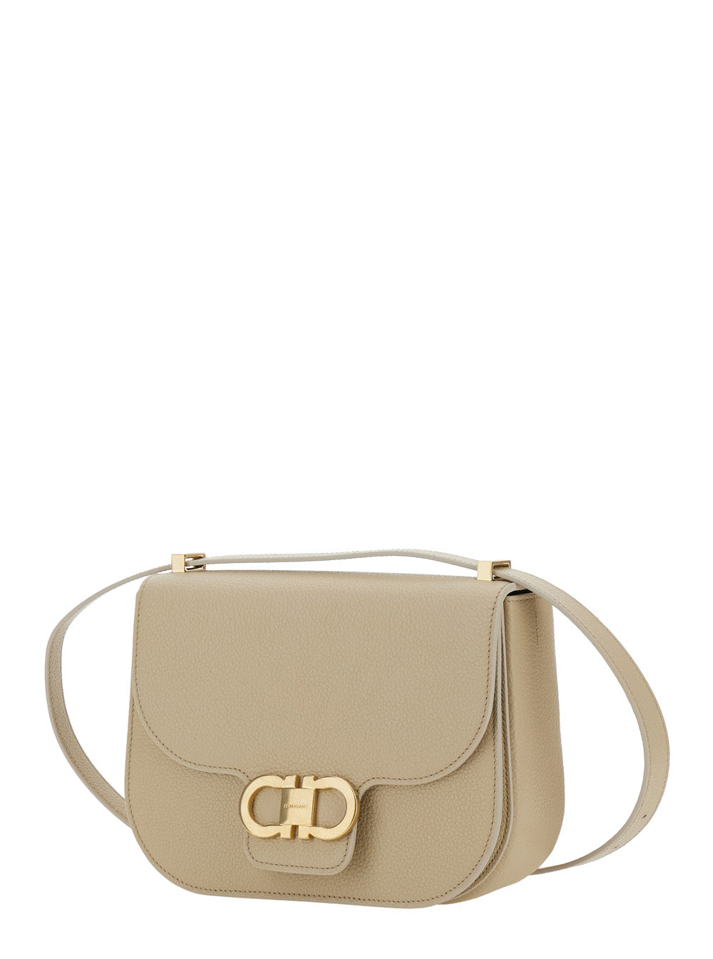 Ferragamo Women Beige Crossbody Bag With Gancini Metallic Detail On Front In Grained Leather For Women