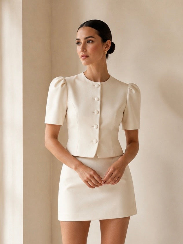 Puff Sleeve Button Crop Blazer & Mini Skirt Matching Set