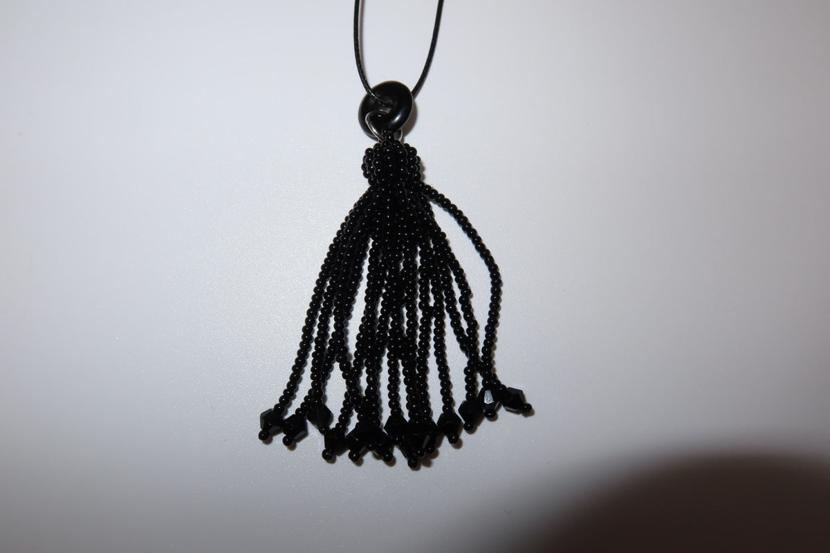 Onyx Glass Beaded Tassel Necklace