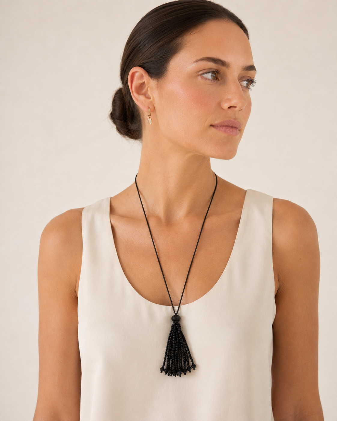 Onyx Glass Beaded Tassel Necklace