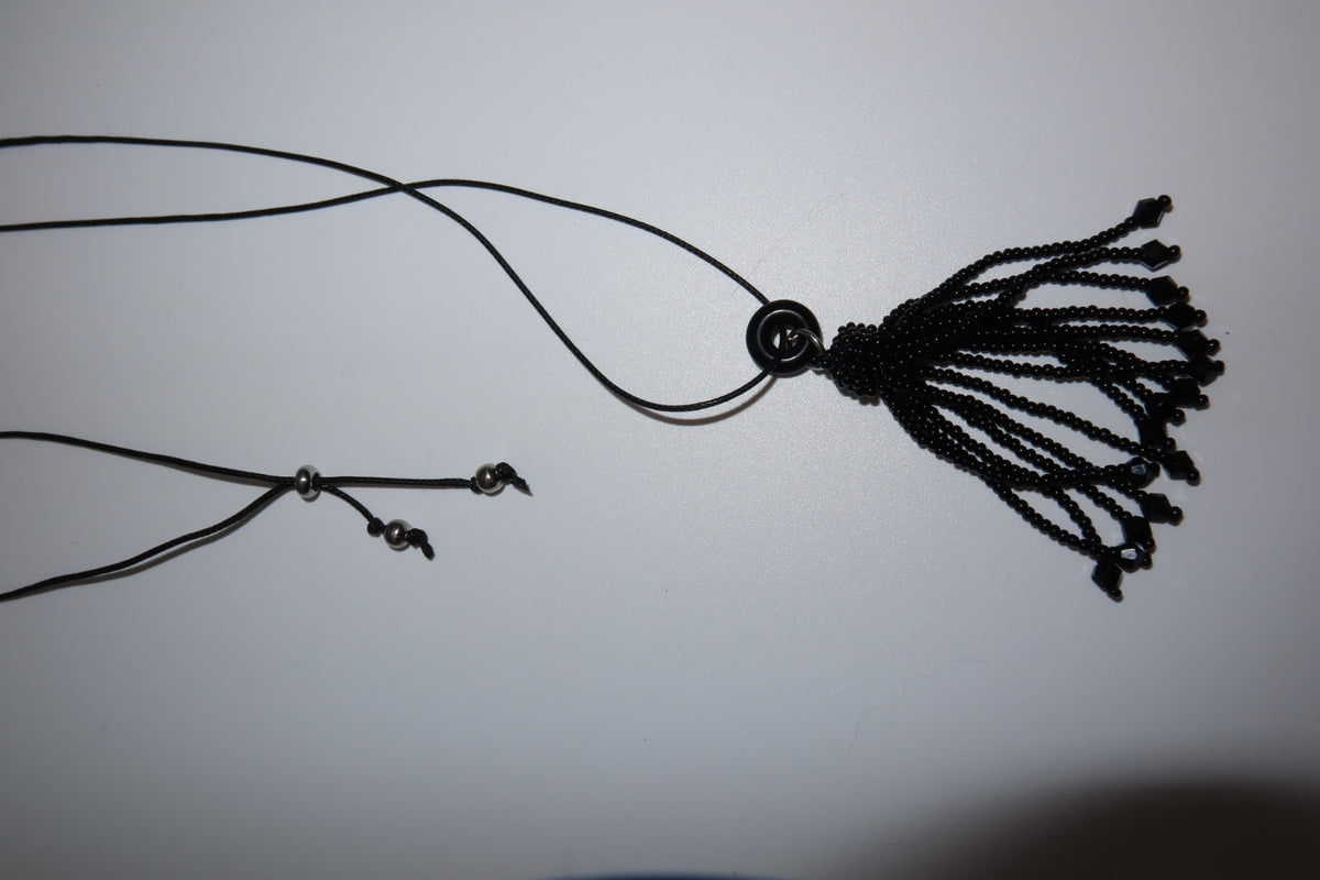Onyx Glass Beaded Tassel Necklace