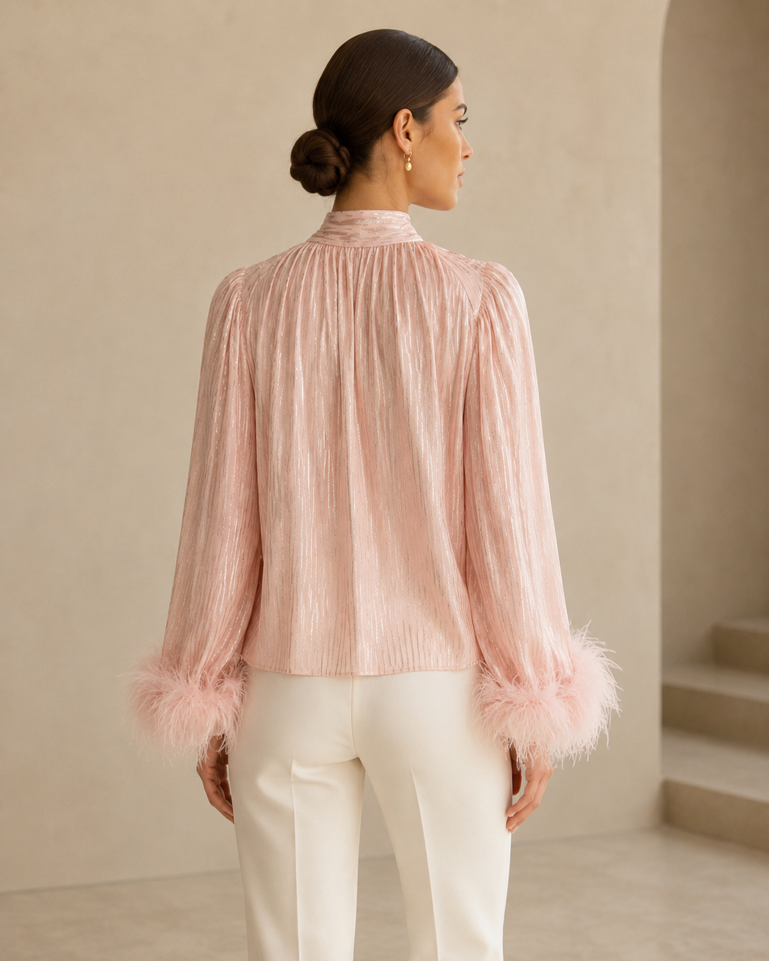 Pleated Blouse with Feather Trim