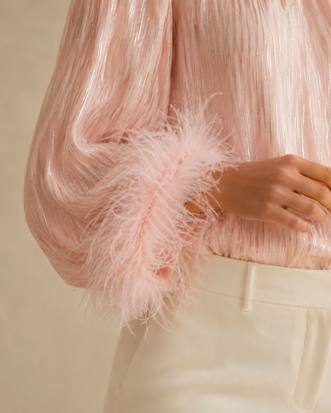 Pleated Blouse with Feather Trim