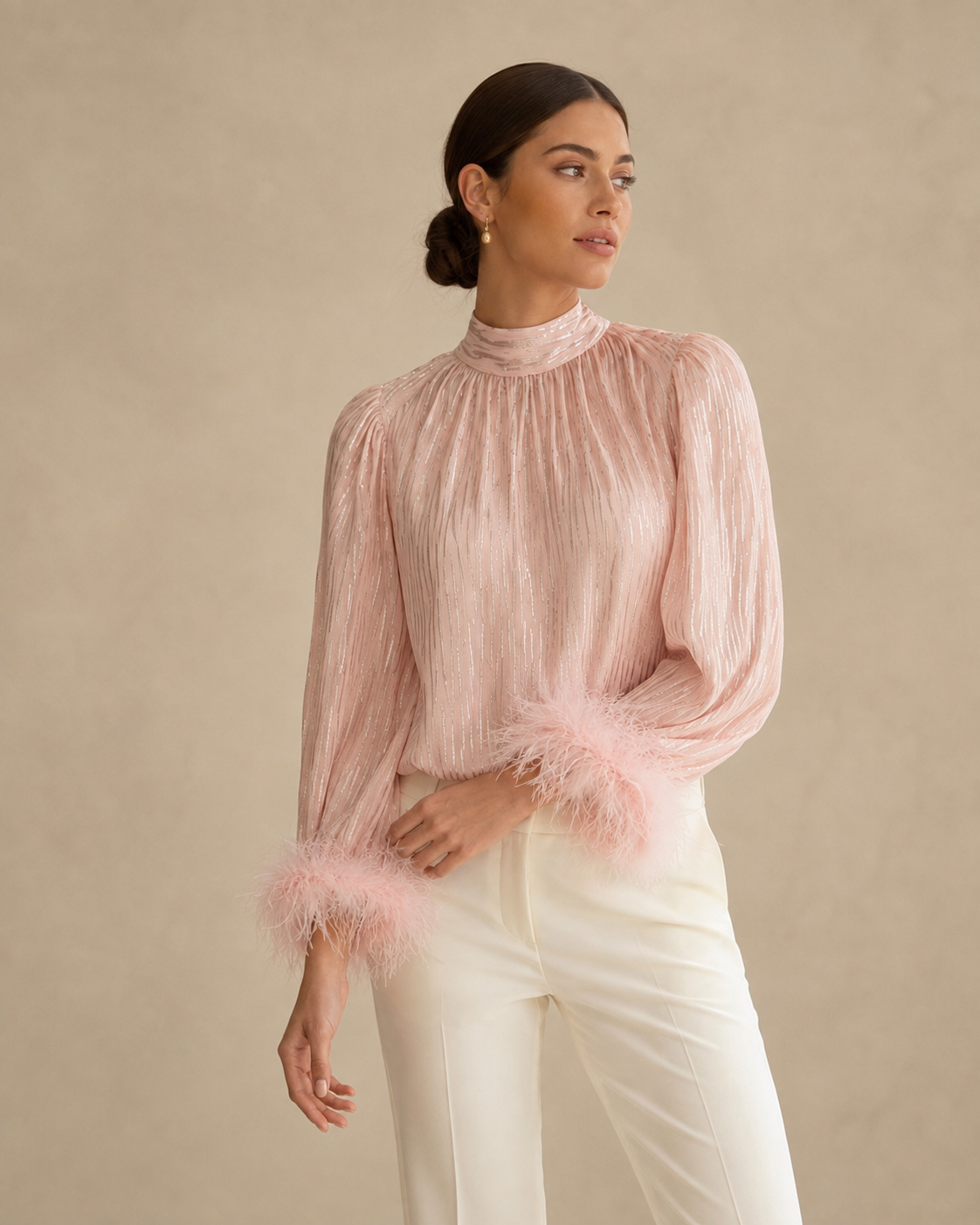 Pleated Blouse with Feather Trim