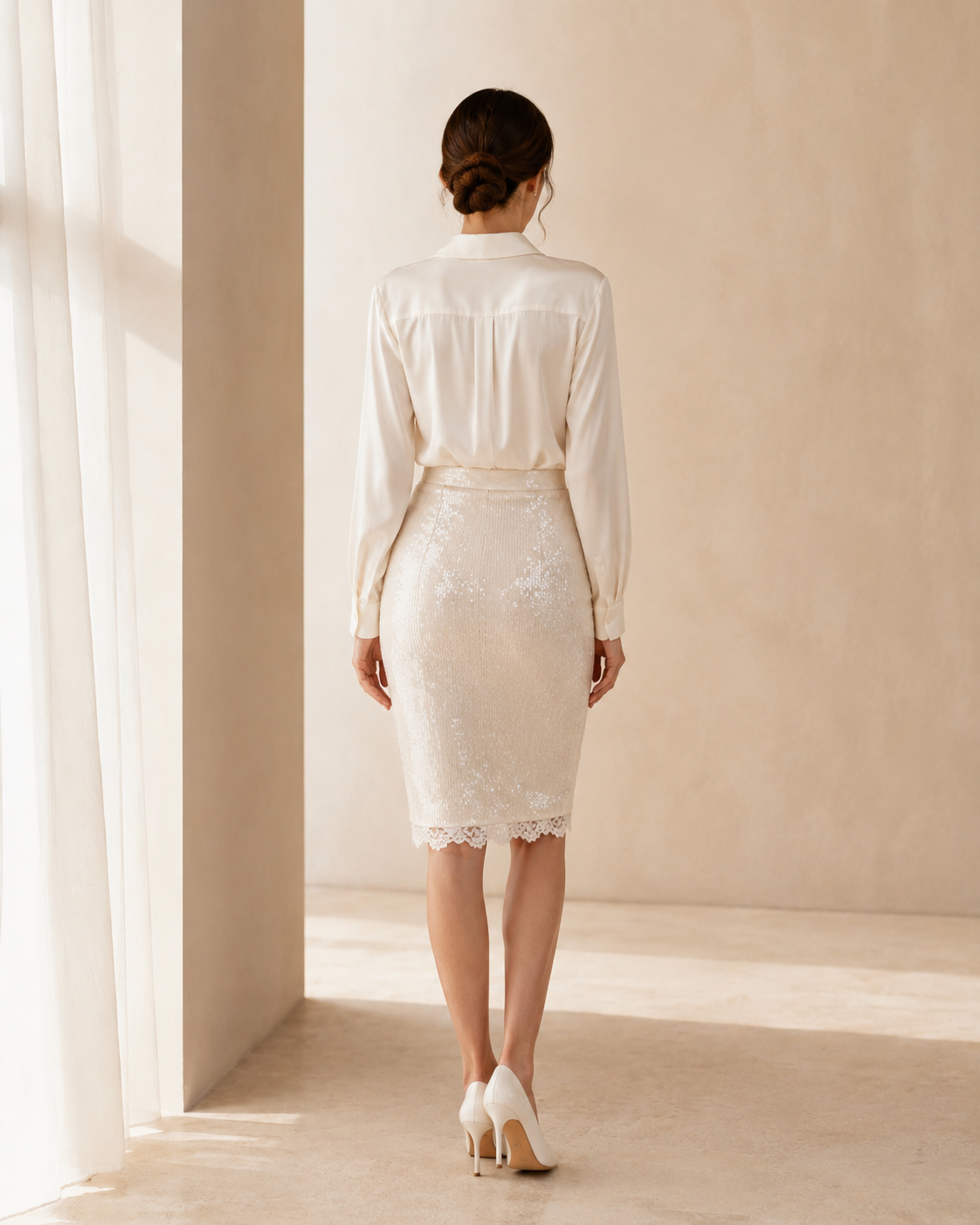 Sequins Pencil Skirt with Lace Trim