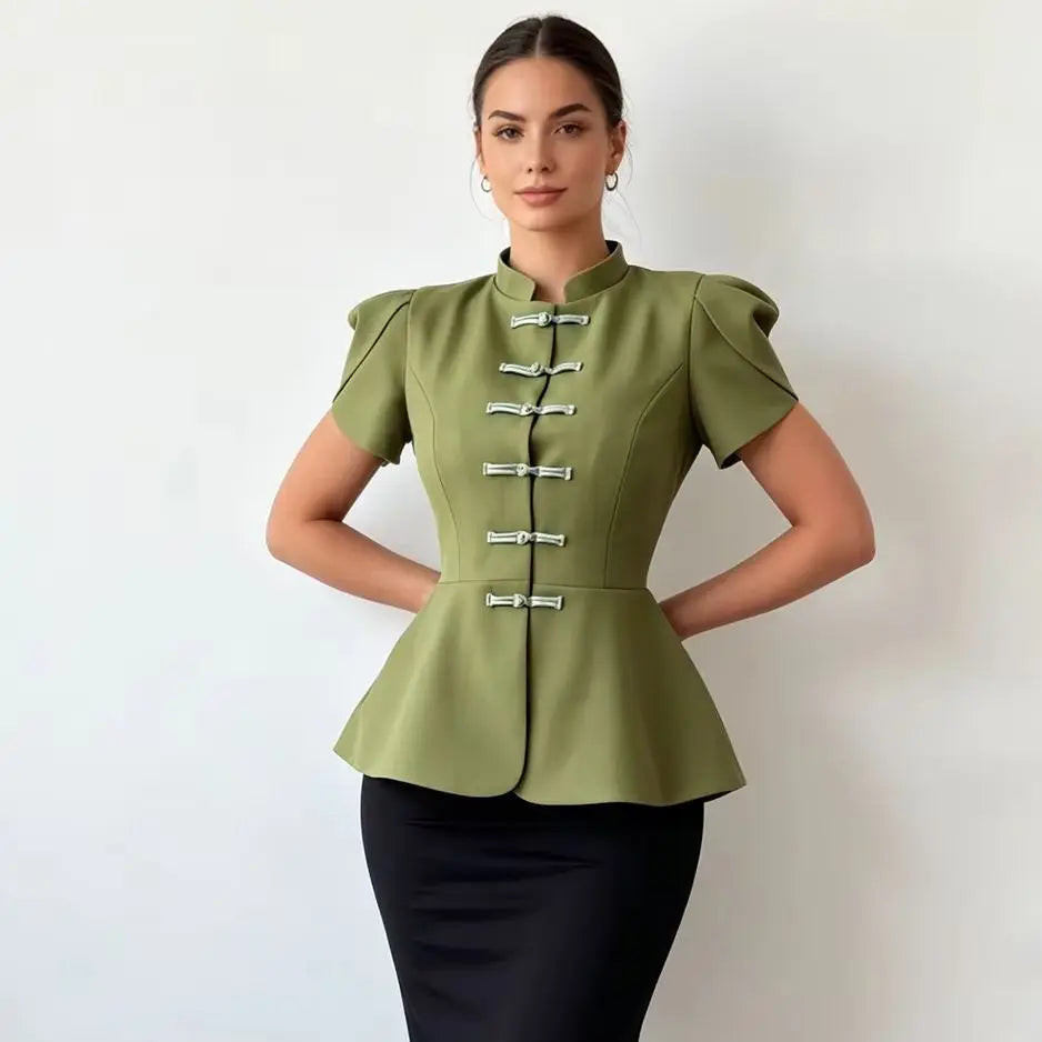 Peplum Blouse with Stand Collar & Puff Sleeves