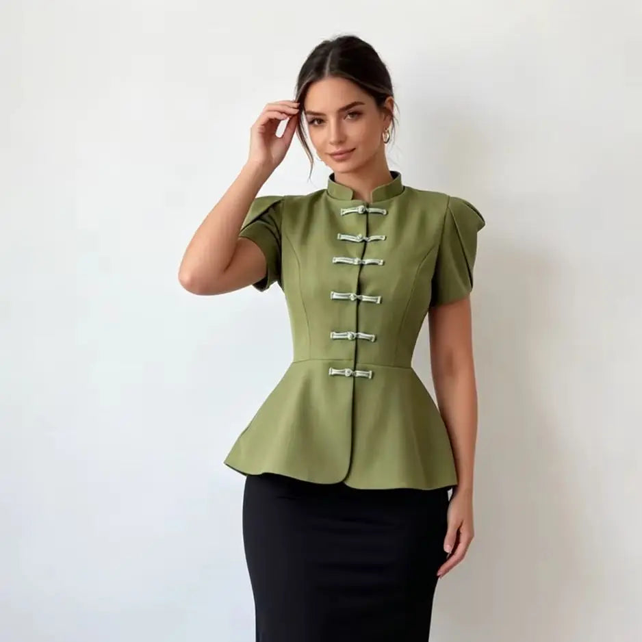 Peplum Blouse with Stand Collar & Puff Sleeves