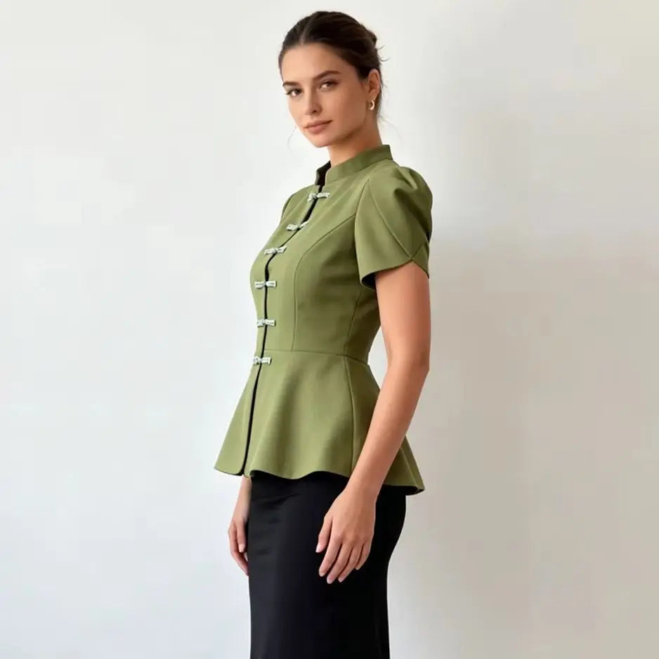 Peplum Blouse with Stand Collar & Puff Sleeves