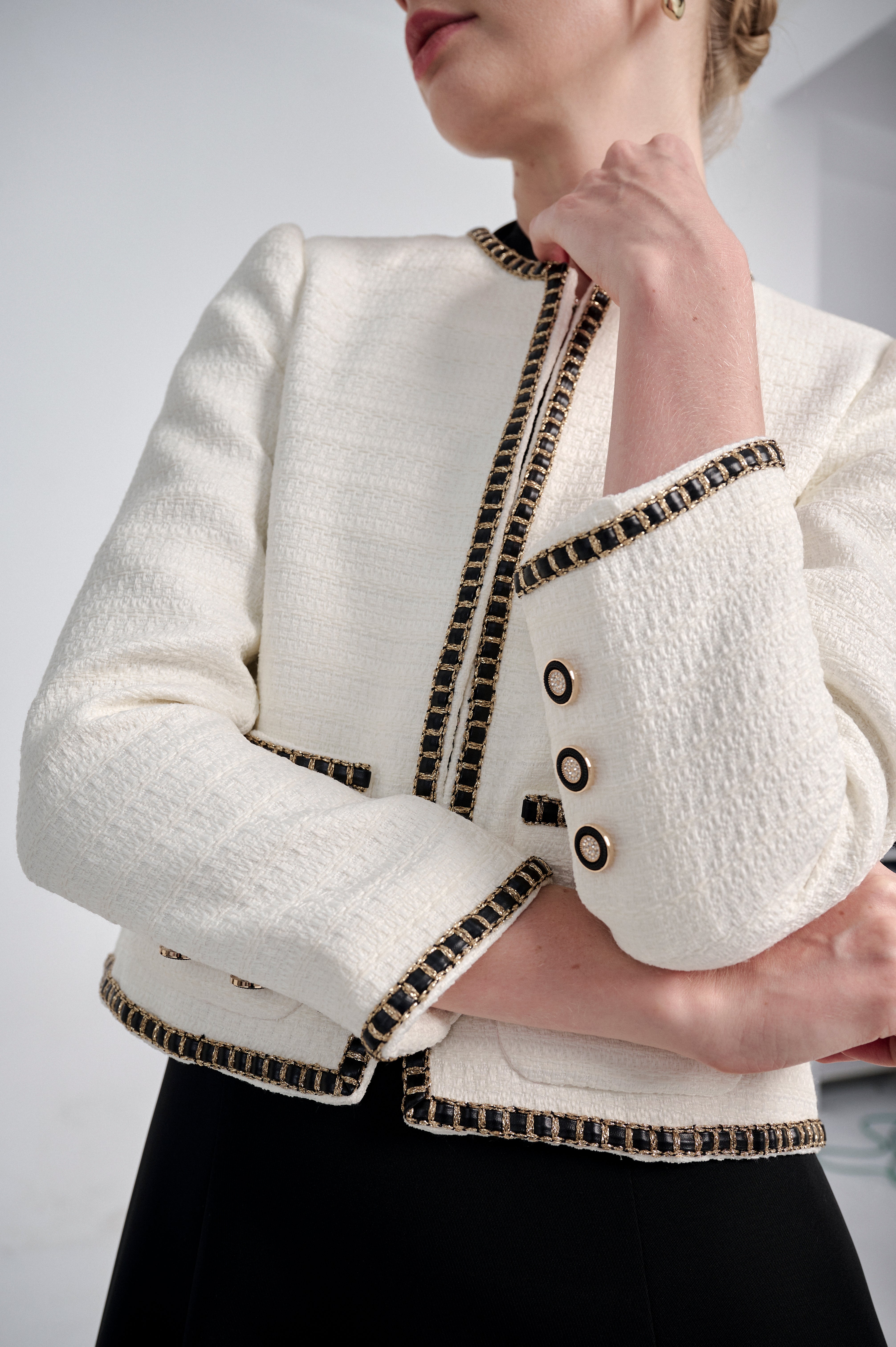 Structured Tweed Jacket with Leather Trim