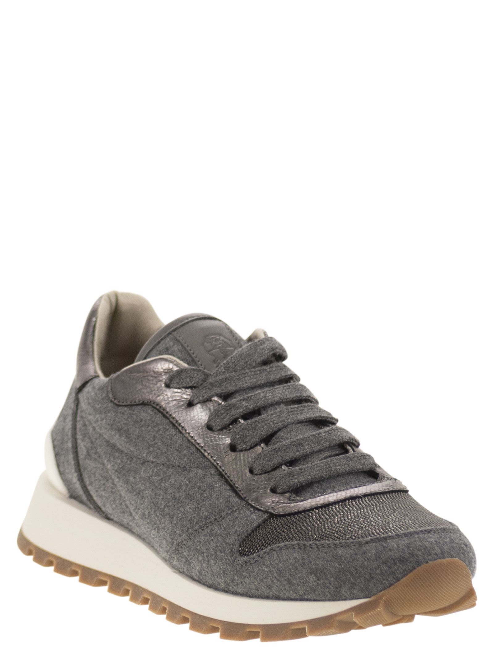 Brunello Cucinelli Women Runners In Virgin Wool Flannel And Lamé Calfskin With Precious Toe
