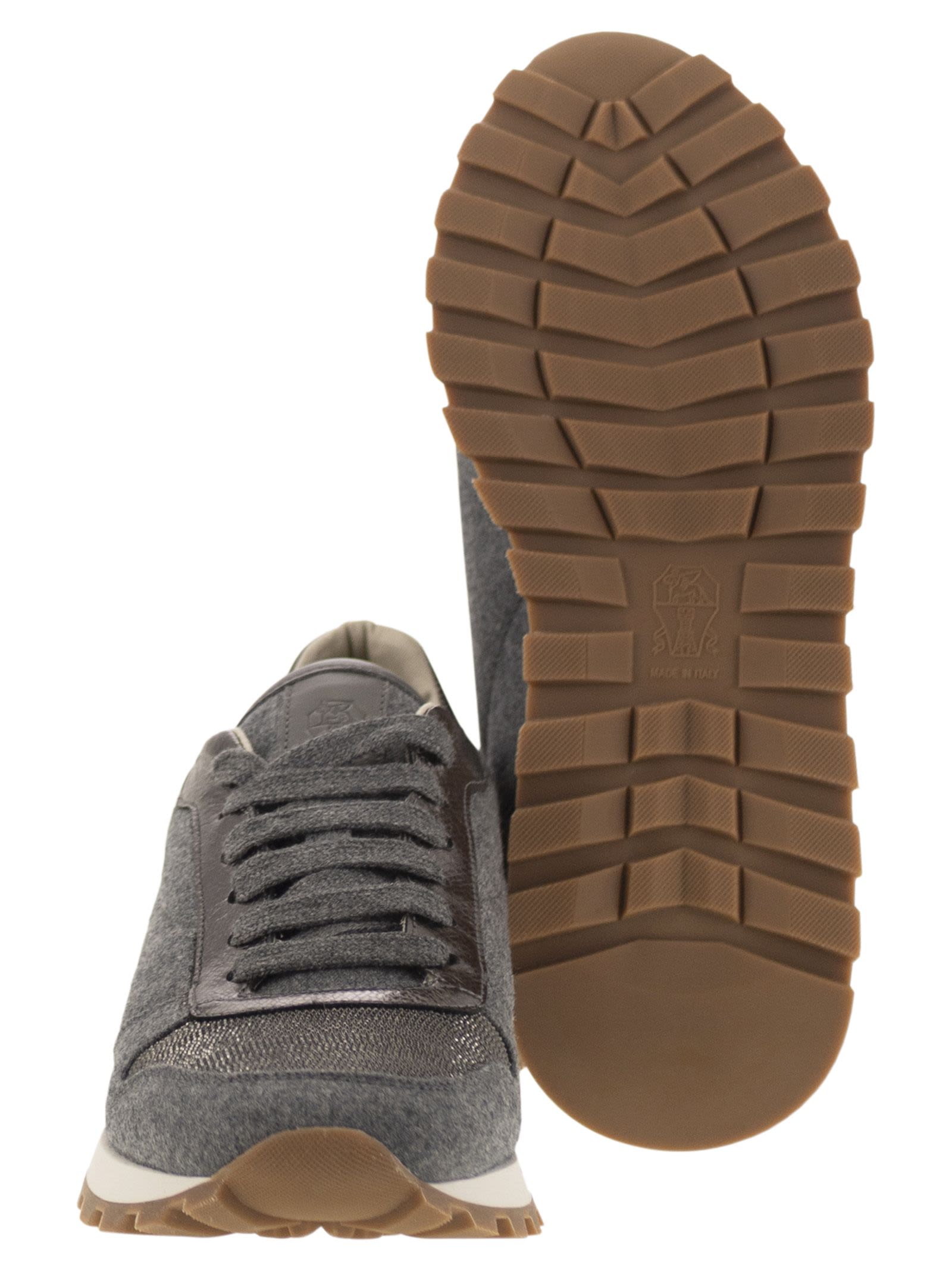 Brunello Cucinelli Women Runners In Virgin Wool Flannel And Lamé Calfskin With Precious Toe
